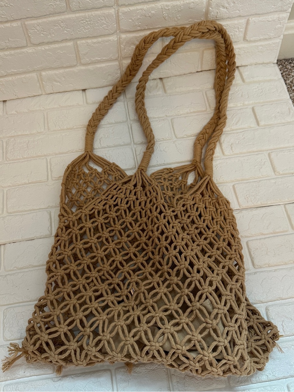 Braided Macramé Market Tote Bag - Tan